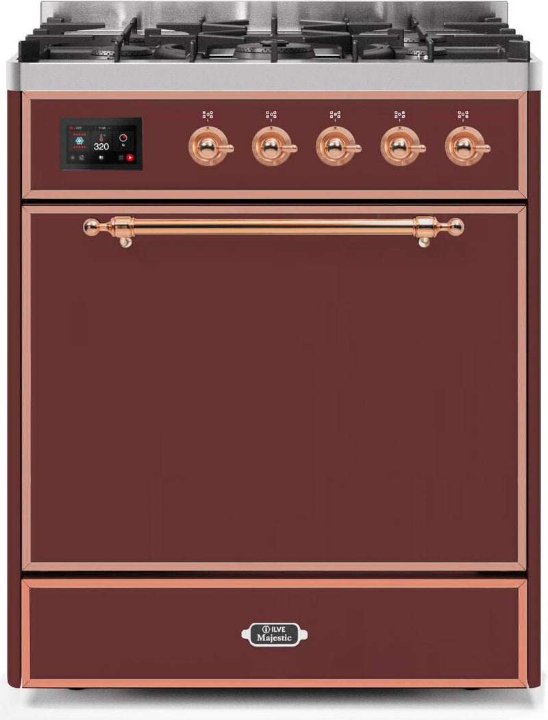 ILVE 30" Majestic II Dual Fuel Range with 5 Burners - 2.3 cu. ft. Oven - Copper Trim in Burgundy (UM30DQNE3BUP) Ranges ILVE 