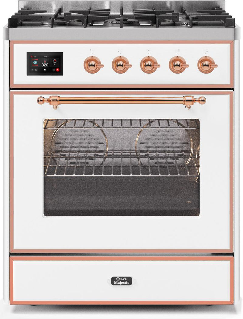 ILVE 30" Majestic II Dual Fuel Range with 5 Burners - 2.3 cu. ft. Oven - Copper Trim in White (UM30DNE3WHP) Ranges ILVE 