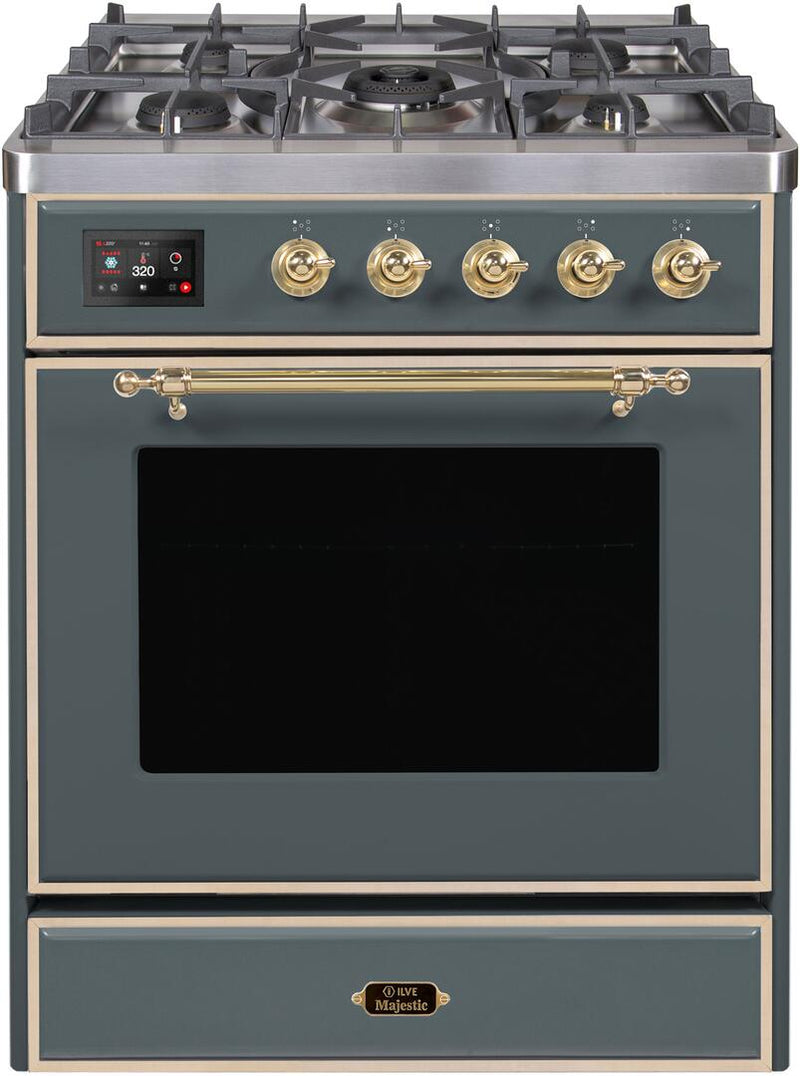 ILVE 30" Majestic II Dual Fuel Range with 5 Sealed Brass Burners - 3.5 cu. ft. Oven - in Blue Grey with Brass Trim (UM30DNE3BGG) Ranges ILVE 