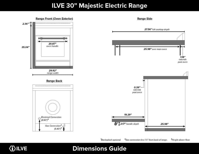 ILVE 30" Majestic II induction Range with 4 Elements - 2.3 cu. ft. Oven - Brass Trim in Stainless Steel (UMI30NE3SSG) Ranges ILVE 