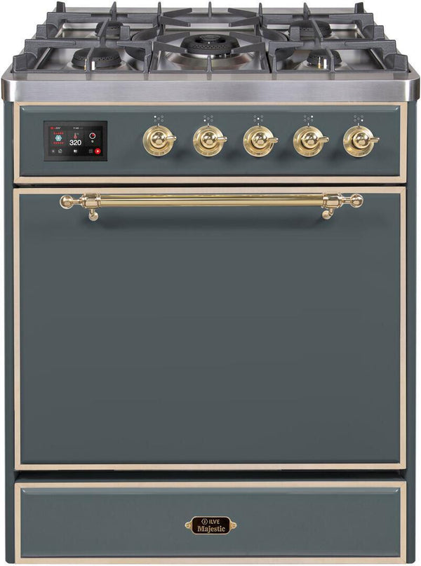 ILVE 30" Majestic II Series Freestanding Dual Fuel Single Oven Range with 5 Sealed Burners in Blue Grey with Brass Trim (UM30DQNE3BGG) Ranges ILVE 