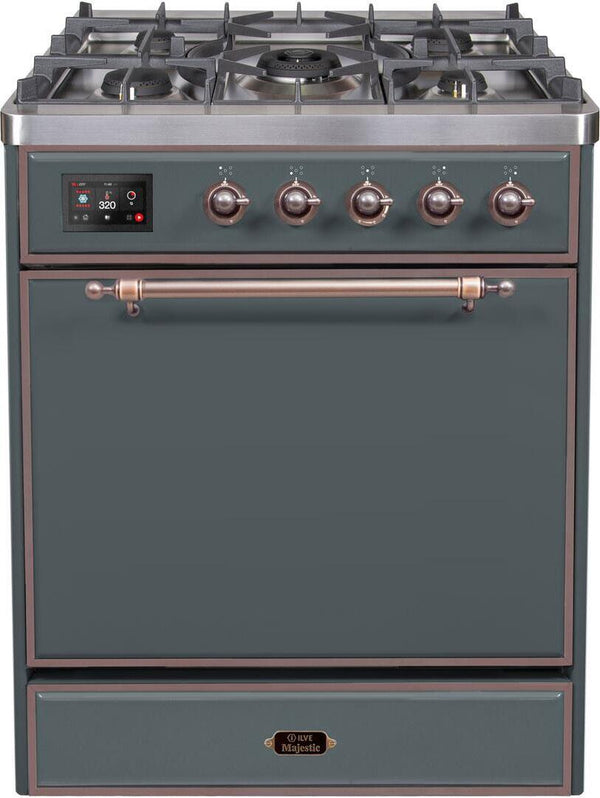 ILVE 30" Majestic II Series Freestanding Dual Fuel Single Oven Range with 5 Sealed Burners in Blue Grey with Bronze Trim (UM30DQNE3BGB) Ranges ILVE 