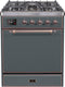 ILVE 30-Inch Majestic II Series Freestanding Dual Fuel Single Oven Range with 5 Sealed Burners in Blue Grey with Bronze Trim (UM30DQNE3BGB)