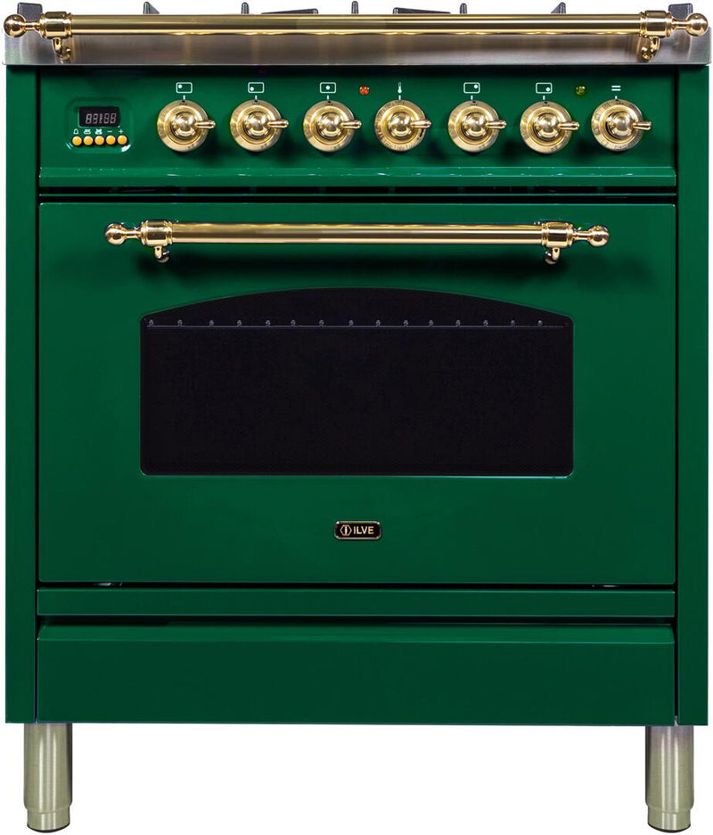 ILVE 30" Nostalgie - Dual Fuel Range with 5 Sealed Burners - 3 cu. ft. Oven - Brass Trim in Emerald Green (UPN76DMPVS) Ranges ILVE 