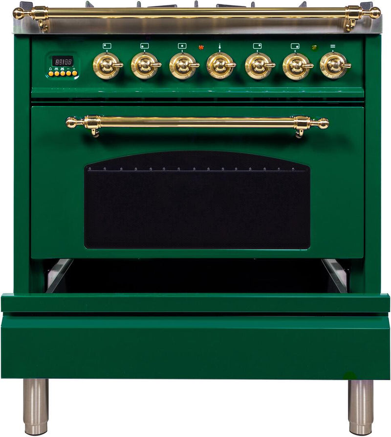 ILVE 30" Nostalgie - Dual Fuel Range with 5 Sealed Burners - 3 cu. ft. Oven - Brass Trim in Emerald Green (UPN76DMPVS) Ranges ILVE 