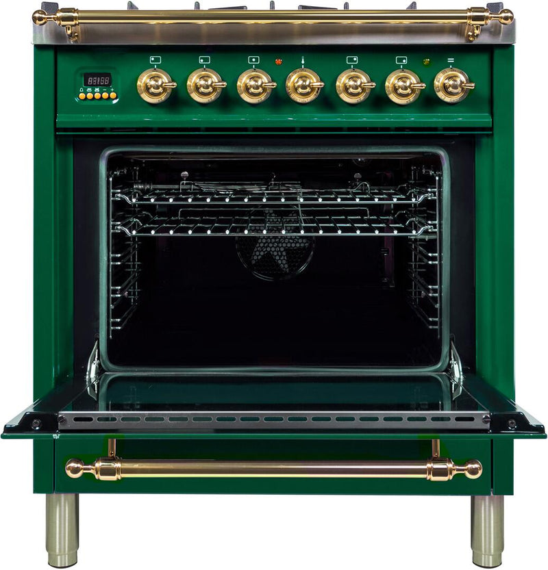 ILVE 30" Nostalgie - Dual Fuel Range with 5 Sealed Burners - 3 cu. ft. Oven - Brass Trim in Emerald Green (UPN76DMPVS) Ranges ILVE 