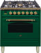 ILVE 30-Inch Nostalgie - Dual Fuel Range with 5 Sealed Burners - 3 cu. ft. Oven - Brass Trim in Emerald Green (UPN76DMPVS)