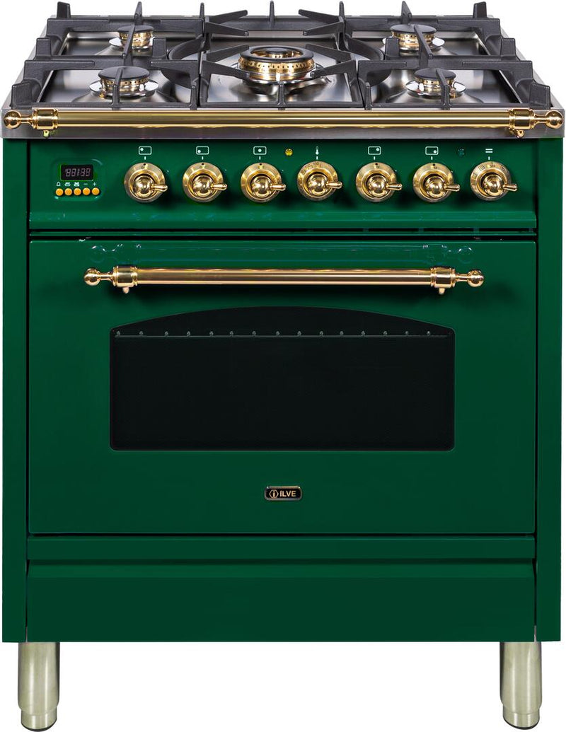 ILVE 30" Nostalgie - Dual Fuel Range with 5 Sealed Burners - 3 cu. ft. Oven - Brass Trim in Emerald Green (UPN76DMPVS) Ranges ILVE 