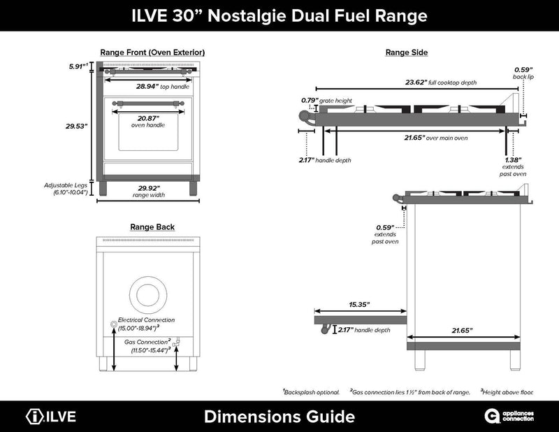 ILVE 30" Nostalgie - Dual Fuel Range with 5 Sealed Burners - 3 cu. ft. Oven - Brass Trim in Glossy Black (UPN76DMPN) Ranges ILVE 
