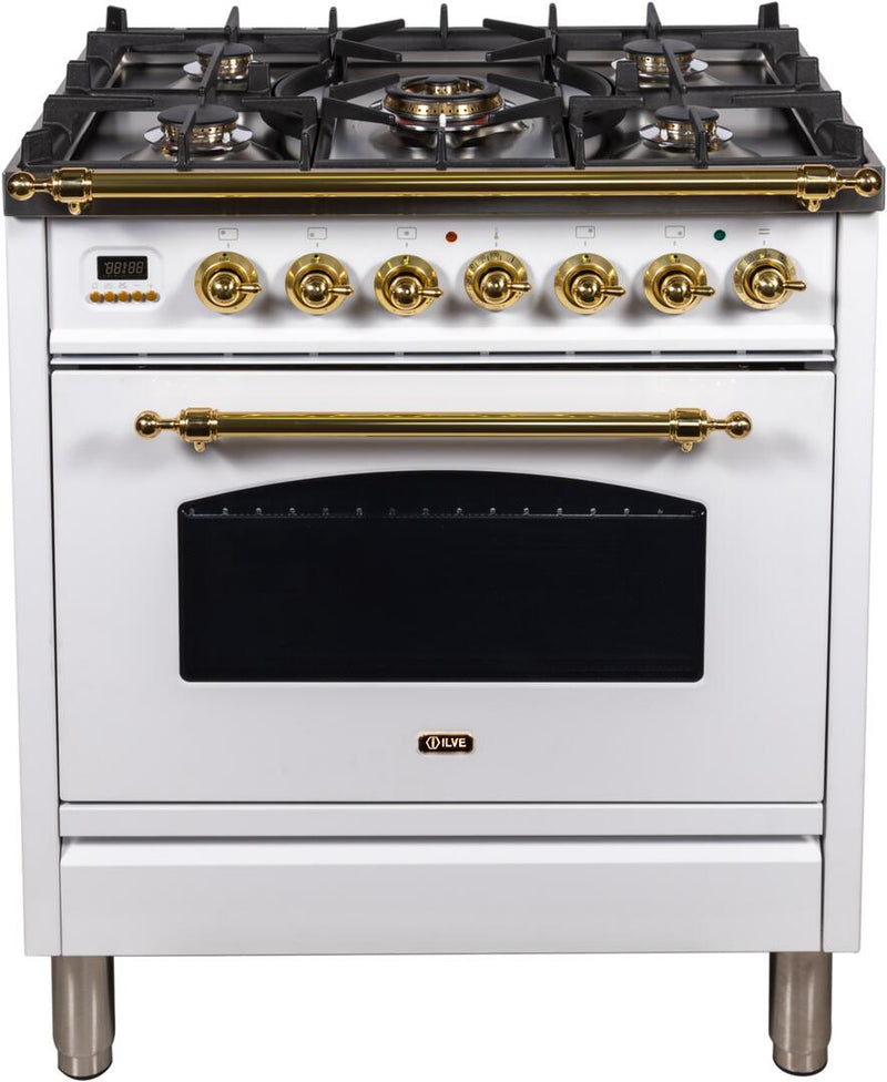 ILVE 30" Nostalgie - Dual Fuel Range with 5 Sealed Burners - 3 cu. ft. Oven - Brass Trim in White (UPN76DMPB) Ranges ILVE 