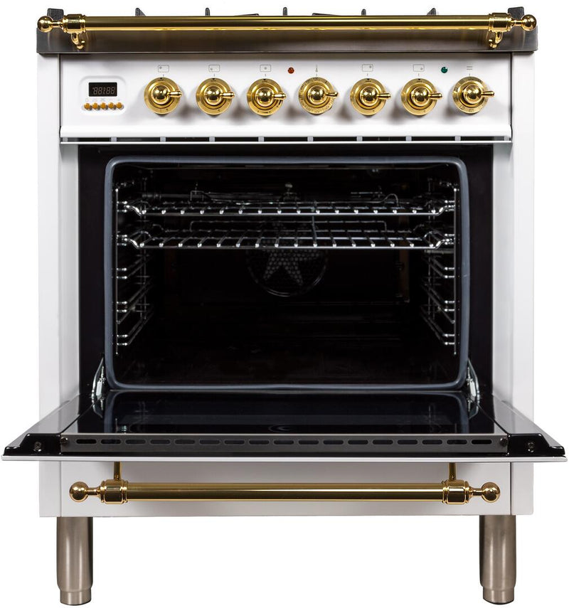 ILVE 30" Nostalgie - Dual Fuel Range with 5 Sealed Burners - 3 cu. ft. Oven - Brass Trim in White (UPN76DMPB) Ranges ILVE 