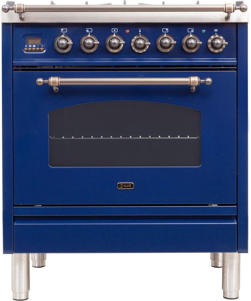 ILVE 30" Nostalgie - Dual Fuel Range with 5 Sealed Burners - 3 cu. ft. Oven - Bronze Trim in Blue (UPN76DMPBLY) Ranges ILVE 