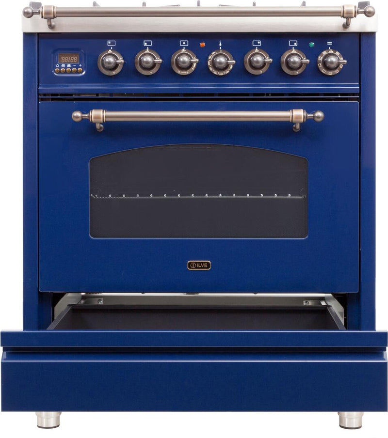 ILVE 30" Nostalgie - Dual Fuel Range with 5 Sealed Burners - 3 cu. ft. Oven - Bronze Trim in Blue (UPN76DMPBLY) Ranges ILVE 