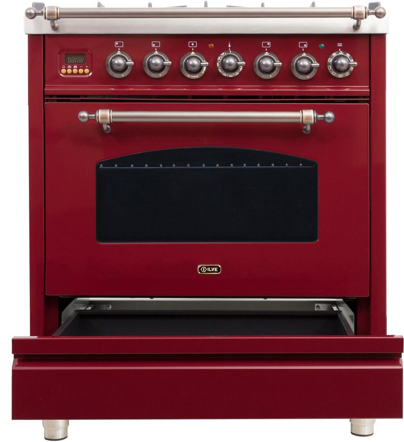 ILVE 30" Nostalgie - Dual Fuel Range with 5 Sealed Burners - 3 cu. ft. Oven - Bronze Trim in Burgundy (UPN76DMPRBY) Ranges ILVE 