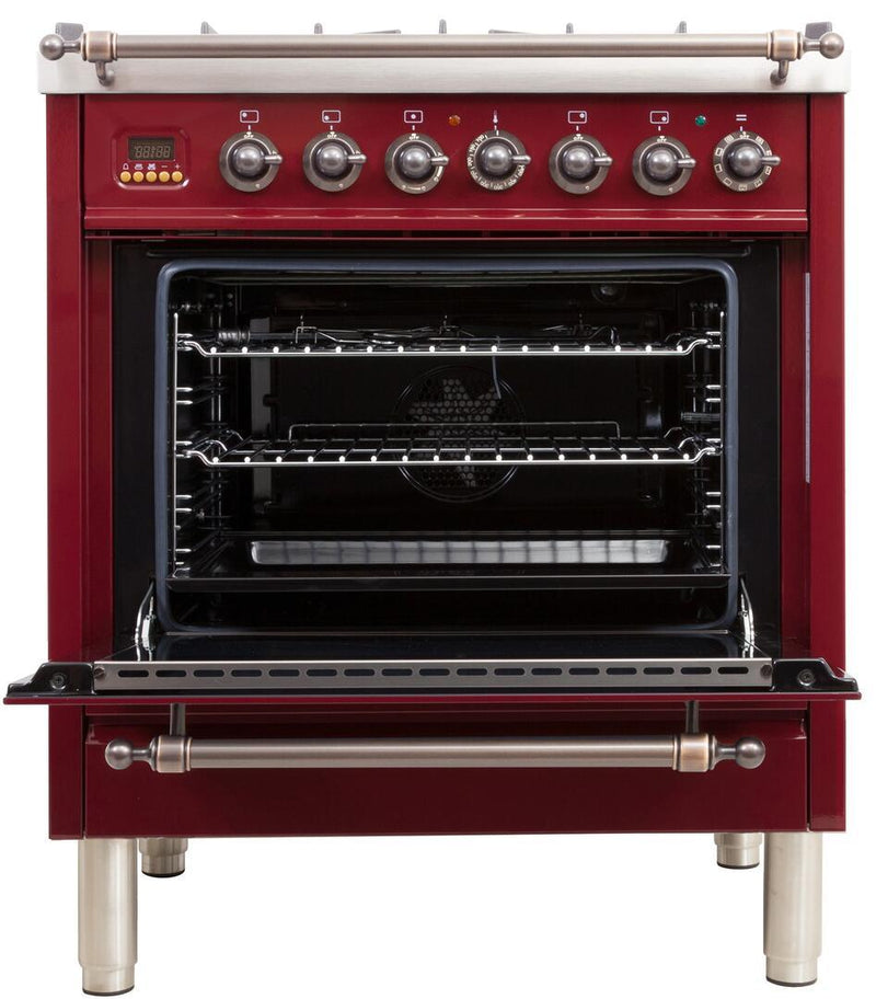 ILVE 30" Nostalgie - Dual Fuel Range with 5 Sealed Burners - 3 cu. ft. Oven - Bronze Trim in Burgundy (UPN76DMPRBY) Ranges ILVE 