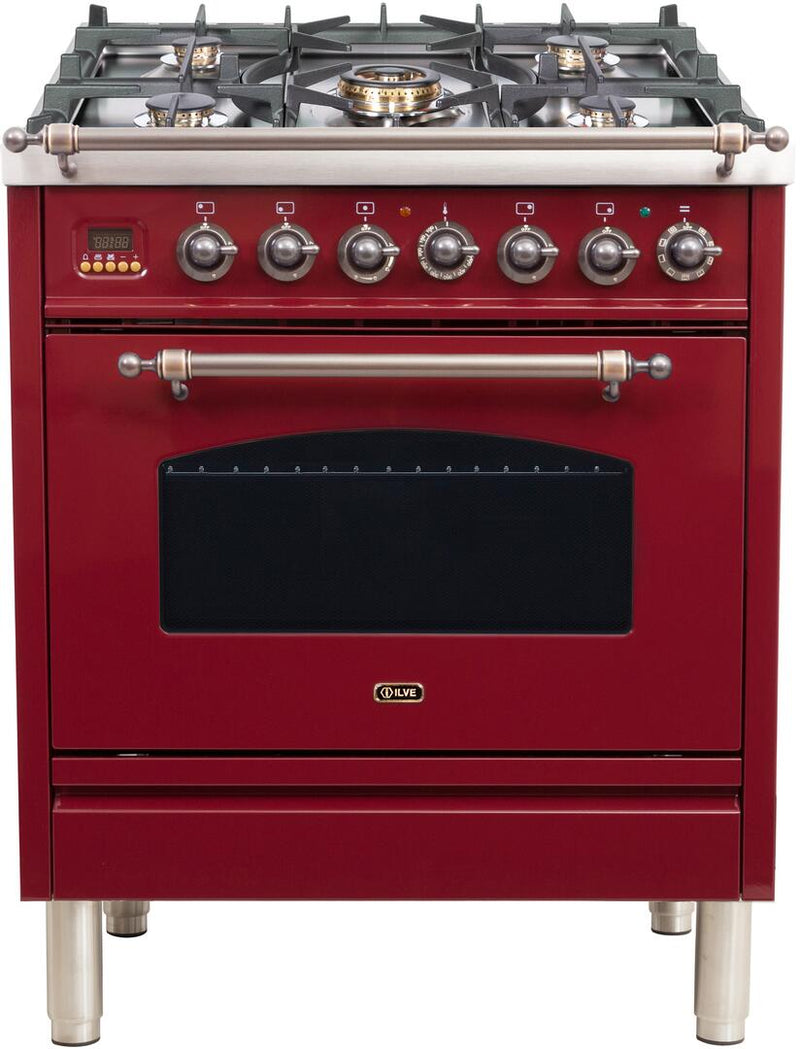 ILVE 30" Nostalgie - Dual Fuel Range with 5 Sealed Burners - 3 cu. ft. Oven - Bronze Trim in Burgundy (UPN76DMPRBY) Ranges ILVE 