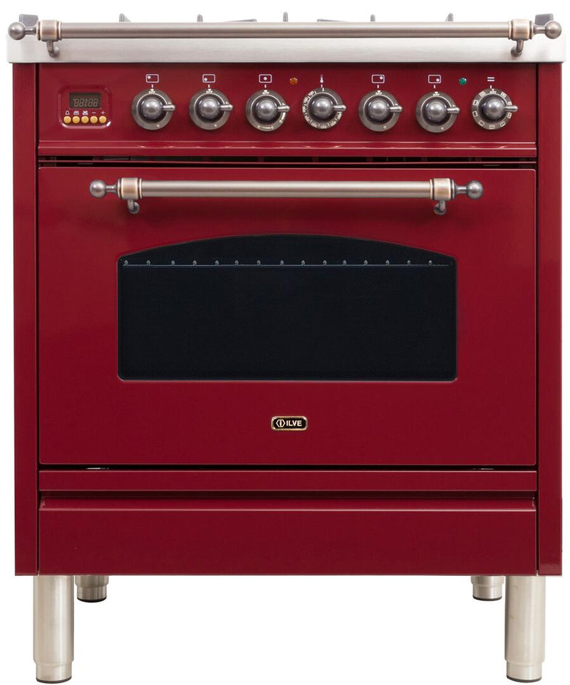 ILVE 30" Nostalgie - Dual Fuel Range with 5 Sealed Burners - 3 cu. ft. Oven - Bronze Trim in Burgundy (UPN76DMPRBY) Ranges ILVE 