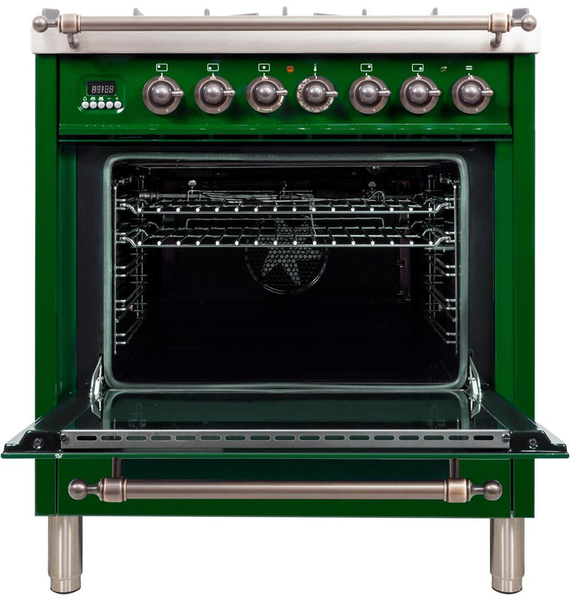 ILVE 30" Nostalgie - Dual Fuel Range with 5 Sealed Burners - 3 cu. ft. Oven - Bronze Trim in Emerald Green (UPN76DMPVSY) Ranges ILVE 