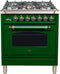 ILVE 30-Inch Nostalgie - Dual Fuel Range with 5 Sealed Burners - 3 cu. ft. Oven - Bronze Trim in Emerald Green (UPN76DMPVSY)