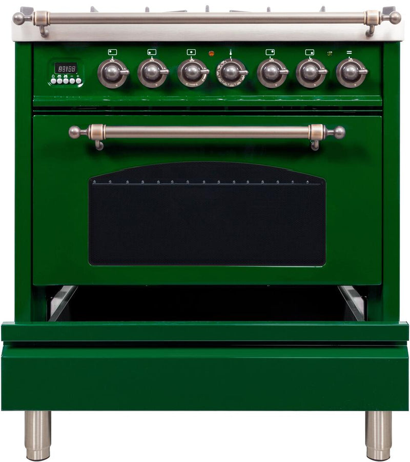 ILVE 30" Nostalgie - Dual Fuel Range with 5 Sealed Burners - 3 cu. ft. Oven - Bronze Trim in Emerald Green (UPN76DMPVSY) Ranges ILVE 