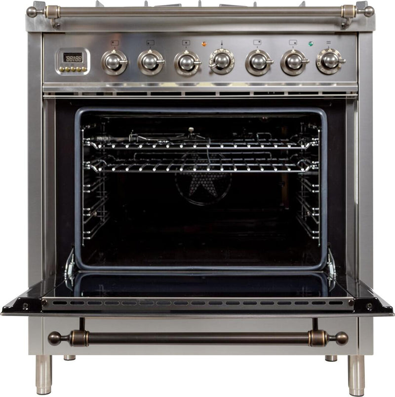 ILVE 30" Nostalgie - Dual Fuel Range with 5 Sealed Burners - 3 cu. ft. Oven - Bronze Trim in Stainless Steel (UPN76DMPIY) Ranges ILVE 