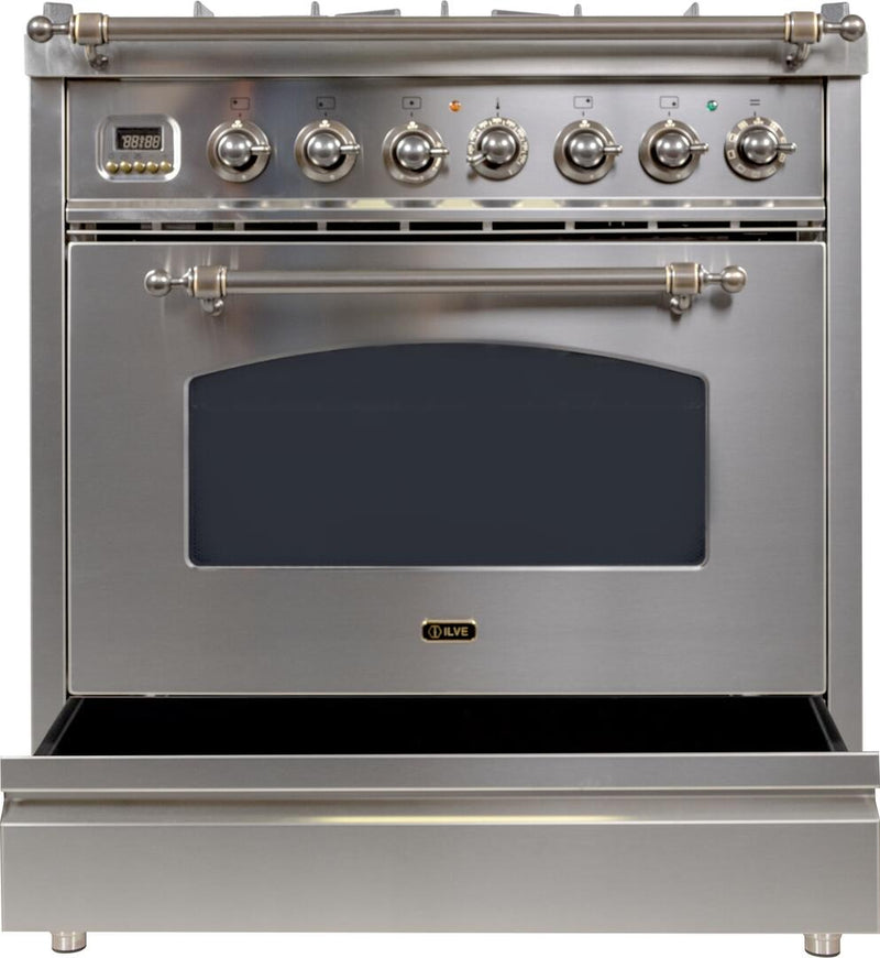 ILVE 30" Nostalgie - Dual Fuel Range with 5 Sealed Burners - 3 cu. ft. Oven - Bronze Trim in Stainless Steel (UPN76DMPIY) Ranges ILVE 