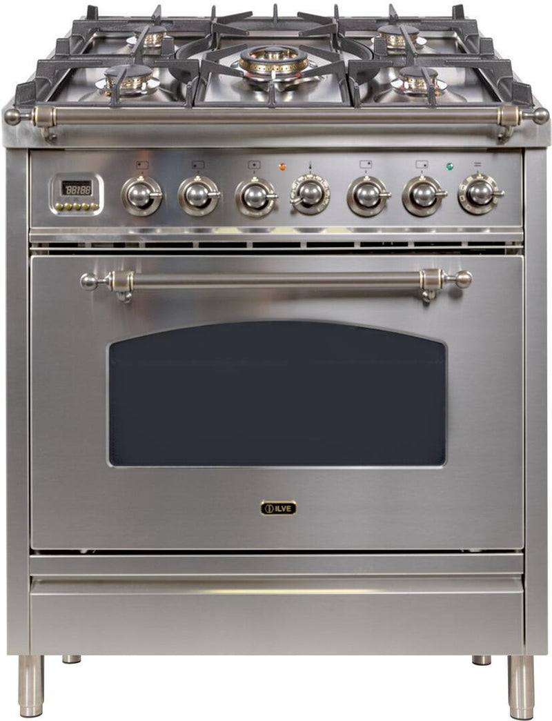 ILVE 30" Nostalgie - Dual Fuel Range with 5 Sealed Burners - 3 cu. ft. Oven - Bronze Trim in Stainless Steel (UPN76DMPIY) Ranges ILVE 