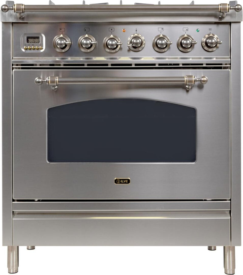 ILVE 30" Nostalgie - Dual Fuel Range with 5 Sealed Burners - 3 cu. ft. Oven - Bronze Trim in Stainless Steel (UPN76DMPIY) Ranges ILVE 