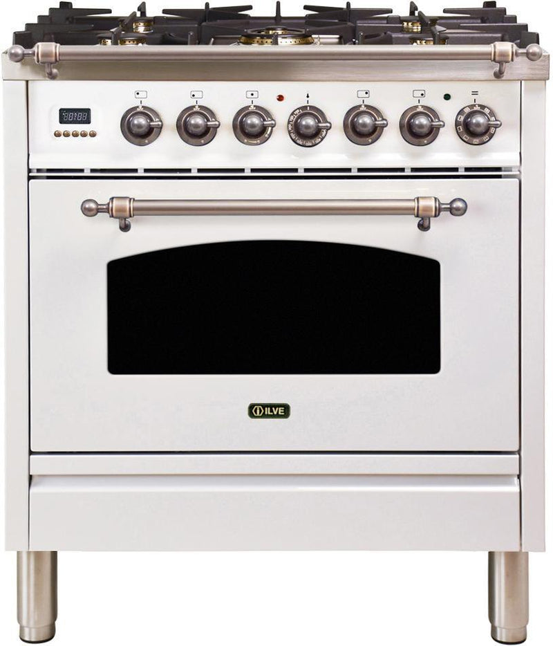 ILVE 30" Nostalgie - Dual Fuel Range with 5 Sealed Burners - 3 cu. ft. Oven - Bronze Trim in White (UPN76DMPBY) Ranges ILVE 