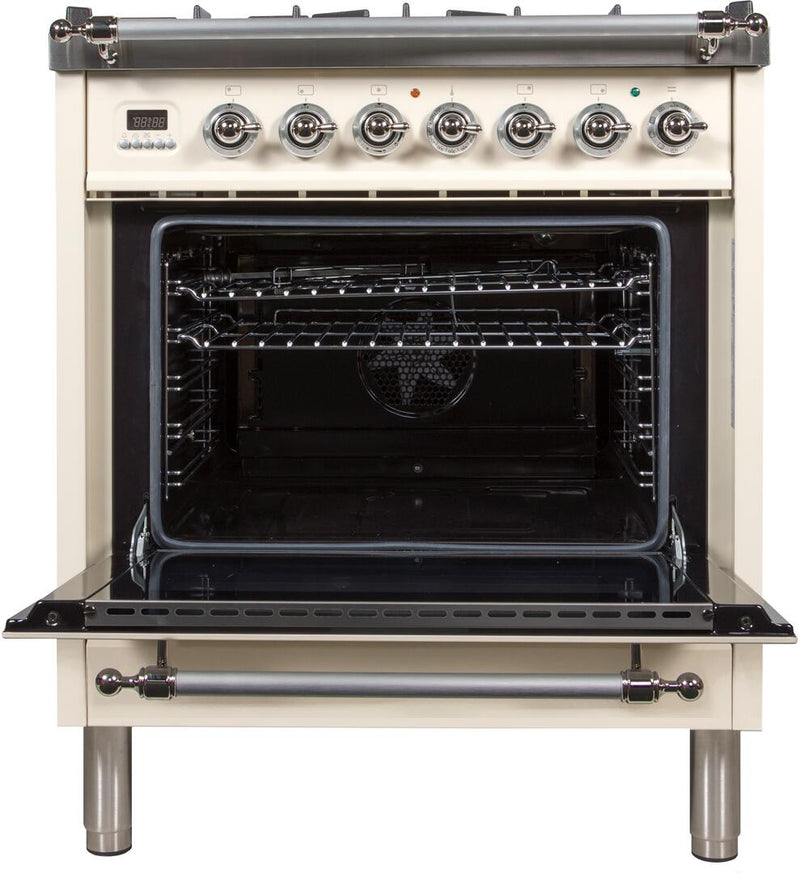 ILVE 30" Nostalgie - Dual Fuel Range with 5 Sealed Burners - 3 cu. ft. Oven - Chrome Trim in Antique White (UPN76DMPAX) Ranges ILVE 