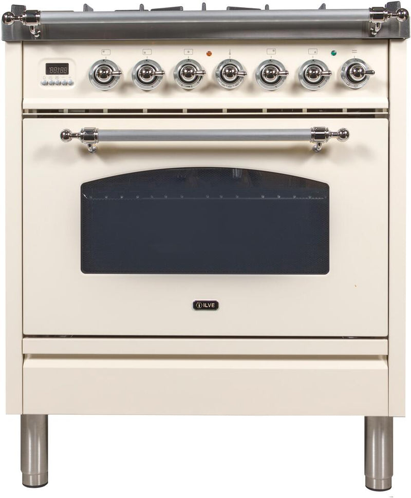 ILVE 30" Nostalgie - Dual Fuel Range with 5 Sealed Burners - 3 cu. ft. Oven - Chrome Trim in Antique White (UPN76DMPAX) Ranges ILVE 