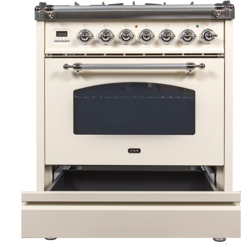 ILVE 30" Nostalgie - Dual Fuel Range with 5 Sealed Burners - 3 cu. ft. Oven - Chrome Trim in Antique White (UPN76DMPAX) Ranges ILVE 