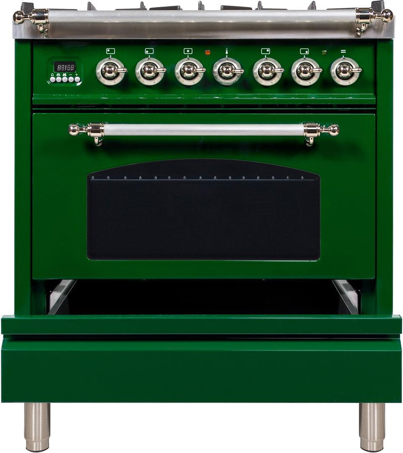 ILVE 30" Nostalgie - Dual Fuel Range with 5 Sealed Burners - 3 cu. ft. Oven - Chrome Trim in Emerald Green (UPN76DMPVSX) Ranges ILVE 