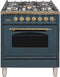 ILVE 30-Inch Nostalgie - Dual Fuel Range with 5 Sealed Burners - 3 cu. ft. Oven - in Blue Grey with Brass Trim (UPN76DMPGU)