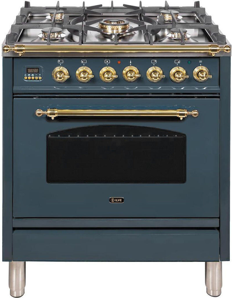 ILVE 30" Nostalgie - Dual Fuel Range with 5 Sealed Burners - 3 cu. ft. Oven - in Blue Grey with Brass Trim (UPN76DMPGU) Ranges ILVE 