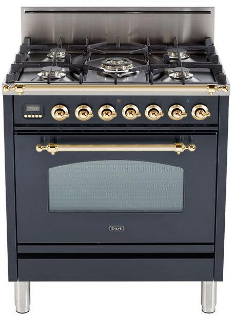 ILVE 30" Nostalgie Gas Range - Digital Clock - Brass Trim & In Matte Graphite (UPN76DVGGM) Ranges ILVE 