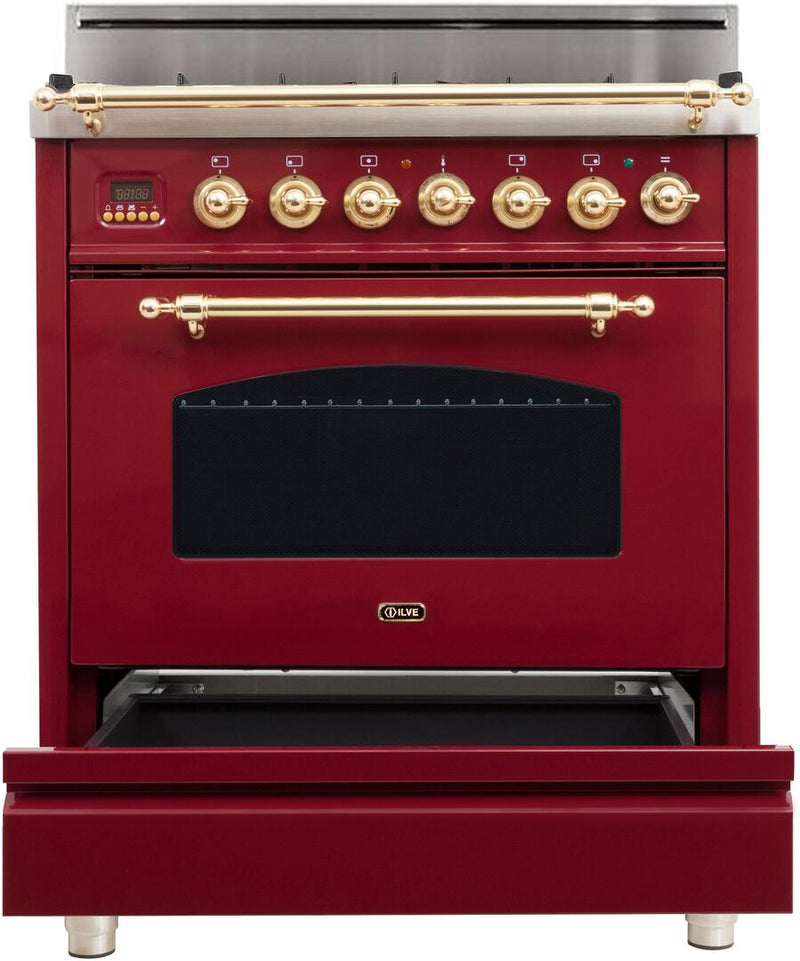 ILVE 30" Nostalgie Gas Range with 5 Burners - 3 cu. ft. Oven - Brass Trim - Burgundy (UPN76DVGGRB) Ranges ILVE 