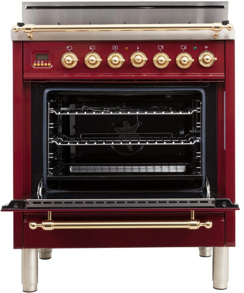 ILVE 30" Nostalgie Gas Range with 5 Burners - 3 cu. ft. Oven - Brass Trim - Burgundy (UPN76DVGGRB) Ranges ILVE 