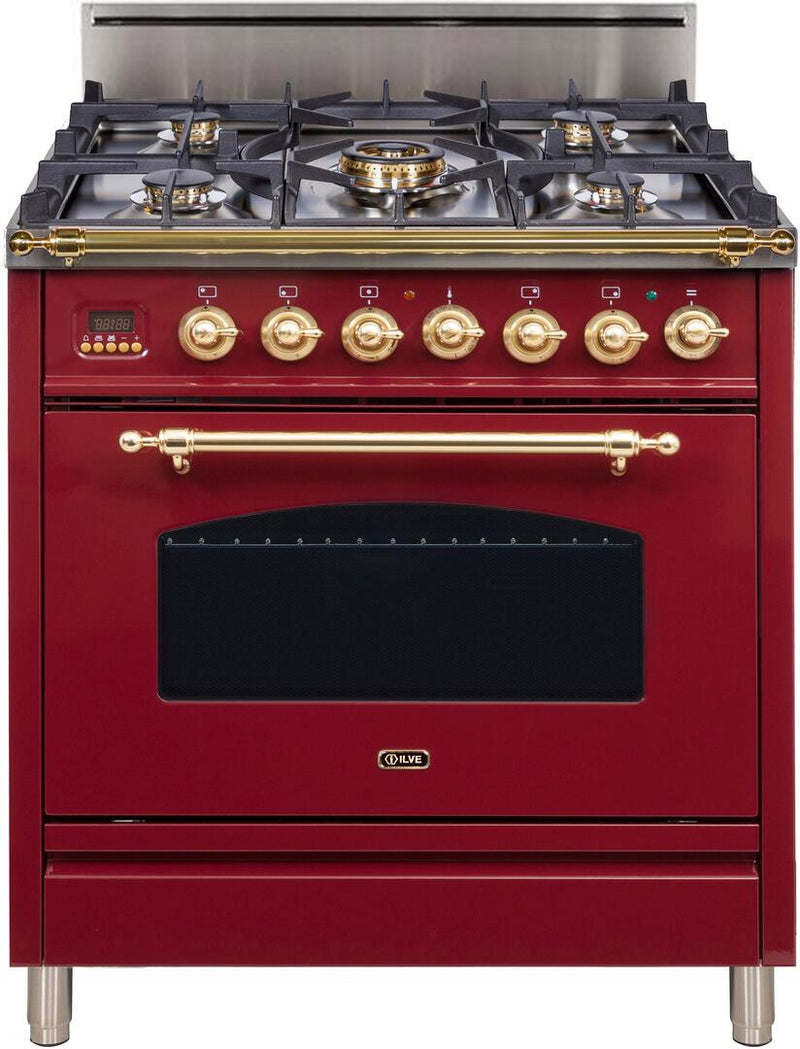 ILVE 30" Nostalgie Gas Range with 5 Burners - 3 cu. ft. Oven - Brass Trim - Burgundy (UPN76DVGGRB) Ranges ILVE 