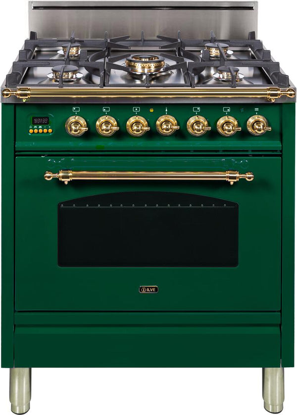 ILVE 30" Nostalgie Gas Range with 5 Burners - 3 cu. ft. Oven - Brass Trim - Emerald Green (UPN76DVGGVS) Ranges ILVE 