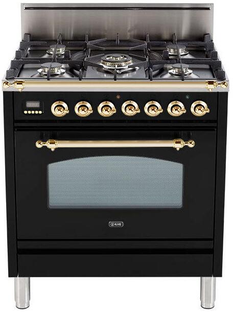 ILVE 30" Nostalgie Gas Range with 5 Burners - 3 cu. ft. Oven - Brass Trim - Gloss Black (UPN76DVGGN) Ranges ILVE 