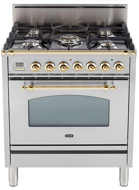 ILVE 30" Nostalgie Gas Range with 5 Burners - 3 cu. ft. Oven - Brass Trim - Stainless Steel (UPN76DVGGI) Ranges ILVE 