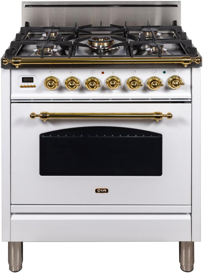 ILVE 30" Nostalgie Gas Range with 5 Burners - 3 cu. ft. Oven - Brass Trim - True White (UPN76DVGGB) Ranges ILVE 