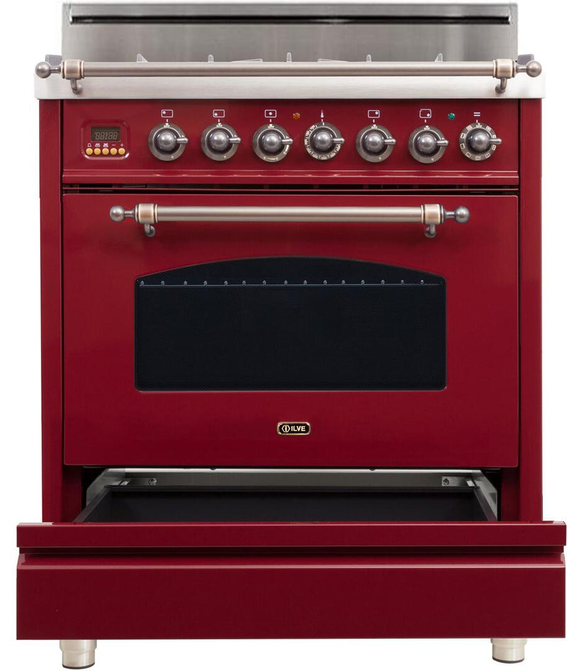 ILVE 30" Nostalgie Gas Range with 5 Burners - 3 cu. ft. Oven - Oiled Bronze Trim - Burgundy (UPN76DVGGRBY) Ranges ILVE 