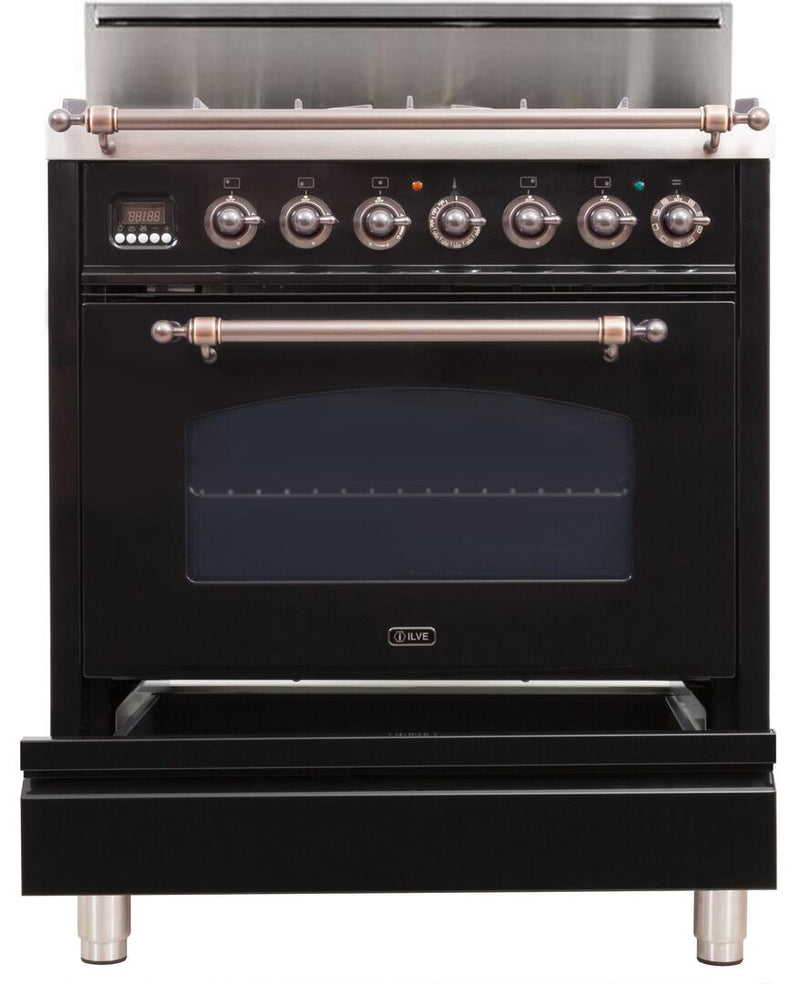 ILVE 30" Nostalgie Gas Range with 5 Burners - 3 cu. ft. Oven - Oiled Bronze Trim - Gloss Black (UPN76DVGGNY) Ranges ILVE 