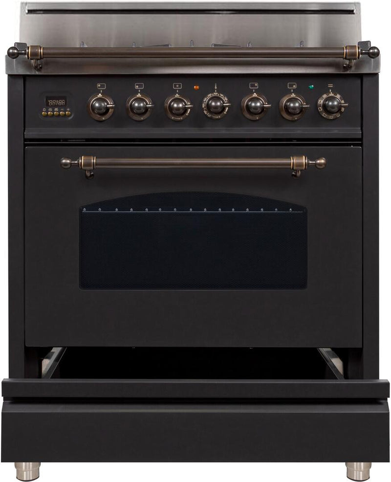 ILVE 30" Nostalgie Gas Range with 5 Burners - 3 cu. ft. Oven - Oiled Bronze Trim - Matte Graphite (UPN76DVGGMY) Ranges ILVE 