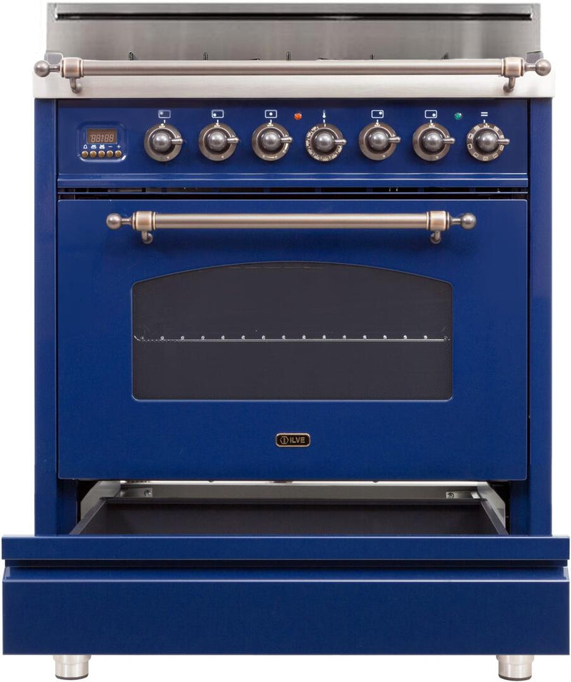 ILVE 30" Nostalgie Series Freestanding Gas Range with 5 Burners 3 cu. ft. Oven Capacity Digital Clock and Timer Full Width Warming Drawer 2 Oven Racks and Oiled Bronze Trim: Midnight Blue (UPN76DVGGBLY) - Ranges - ILVE - Home Outlet Direct
