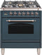 ILVE 30-Inch Nostalgie Series Freestanding Single Oven Dual Fuel Range with 5 Sealed Burners in Blue Grey with Bronze Trim (UPN76DMPGUY)