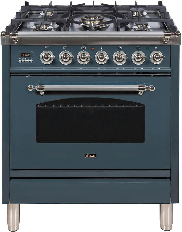 ILVE 30" Nostalgie Series Freestanding Single Oven Dual Fuel Range with 5 Sealed Burners in Blue Grey with Chrome Trim (UPN76DMPGUX) Ranges ILVE 