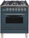 ILVE 30-Inch Nostalgie Series Freestanding Single Oven Dual Fuel Range with 5 Sealed Burners in Blue Grey with Chrome Trim (UPN76DMPGUX)